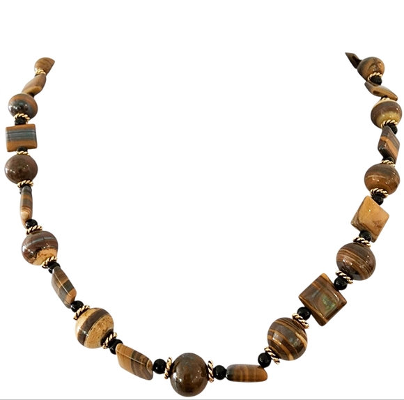 Cat's eye gemstones necklace 14k GP CZ flower clasp gold tigers eye L509 -Q5 - Picture 2 of 13